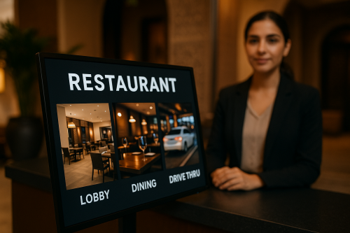 Écran d’affichage restaurant : lobby, salle et drive